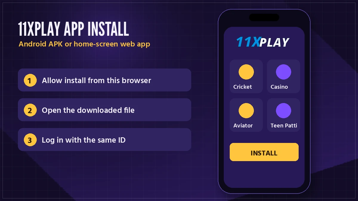 Phone showing the 11xPlay app sign-in screen right after the 11xplay app download