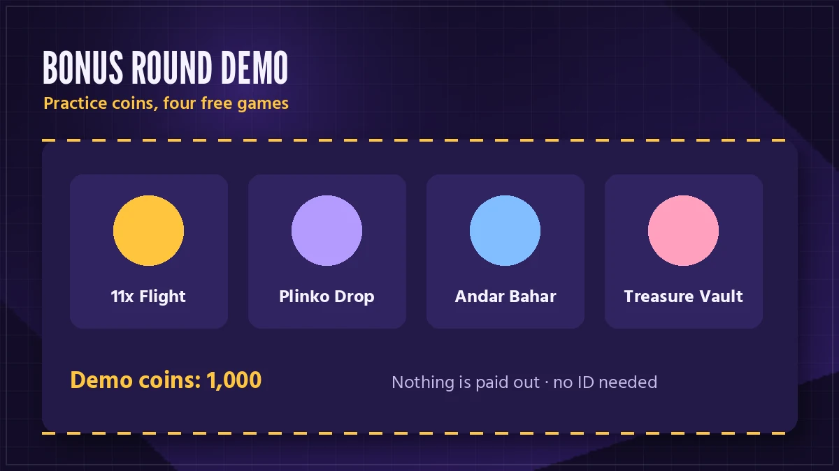11xPlay game practice card with demo coins next to a real 11xPlay ID