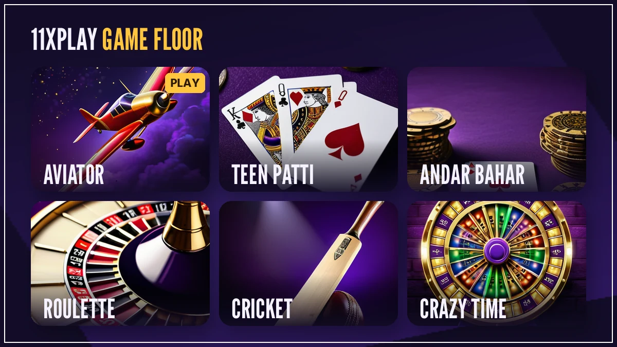 11xplay casino game cards for Aviator, Teen Patti, Andar Bahar and Dragon Tiger on one ID