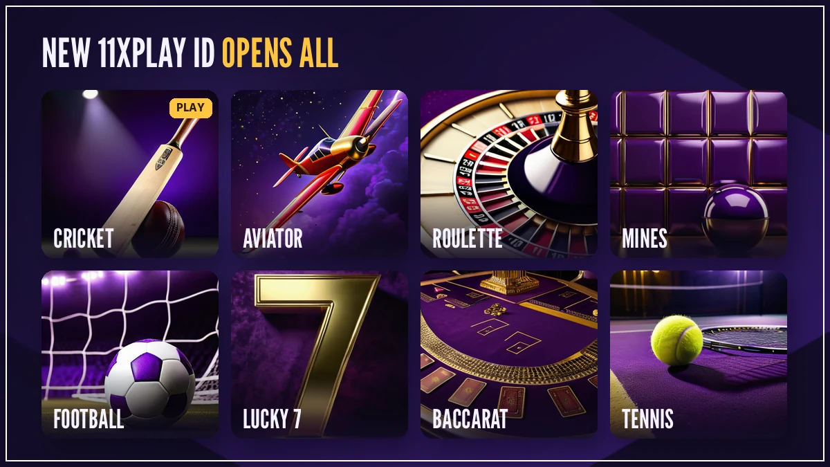 11xPlay ID game cards showing Aviator, Teen Patti, Andar Bahar and cricket markets open after sign up