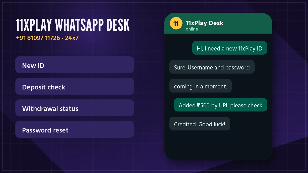 Phone showing a chat with the 11xPlay WhatsApp number and a confirmed withdrawal